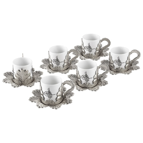 DAMLA COFFEE CUP SET TUGRA FOR 6 PEOPLE NICKEL 118 ml (4 oz) - Hakan Makes Kitchens Smile