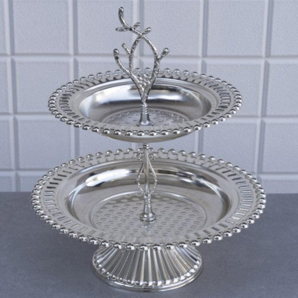 ASEL METAL ROUND BIG 2 TIER PLATTER SILVER 26 x 26 x 31 cm (10.2'' × 10.2'' × 12.2'') - Hakan Makes Kitchens Smile