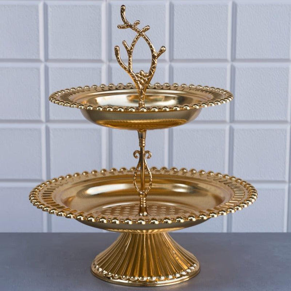 ASEL METAL ROUND BIG 2 TIER PLATTER GOLD 26 x 26 x 31 cm (10.2'' × 10.2'' × 12.2'') - Hakan Makes Kitchens Smile